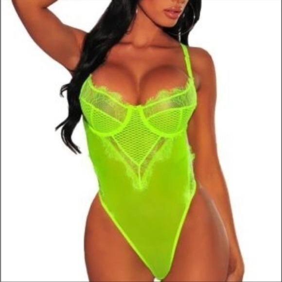 Tops - Neon Green Lace Bodysuit Sheer Mesh Bustier Thong One Piece NWT